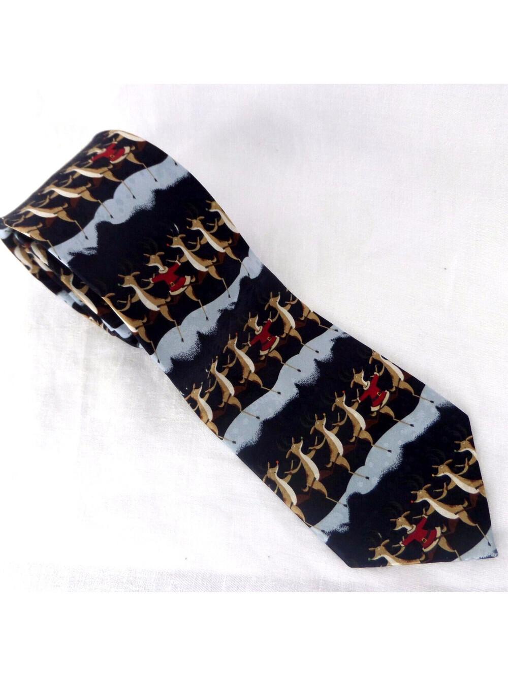 Christmas Santa Reindeer Silk Neck Tie Dancing in Snow St. Nicks Tie Shop